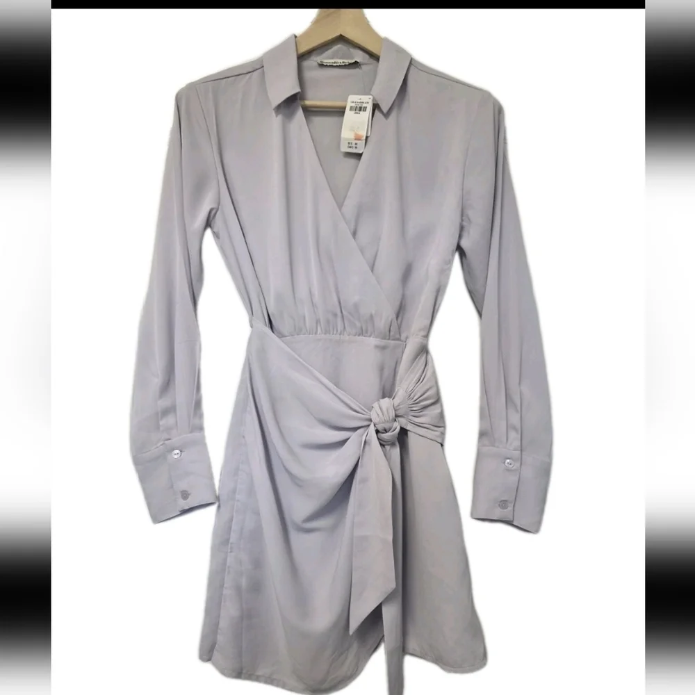 Abercrombie & Fitch Size Small Ruched Long Sleeve V Neck Purple Party Dress NEW